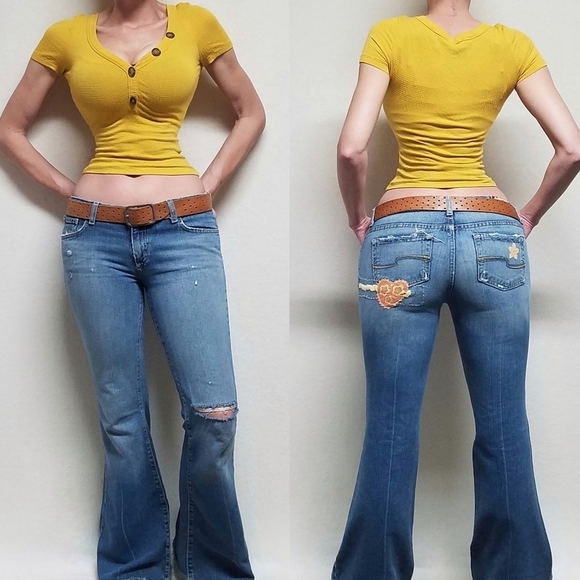Vintage 90s Tilt Boho Handmade Floral Embroidered Low Rise Bell Bottom Jeans 6 - Picture 1 of 16